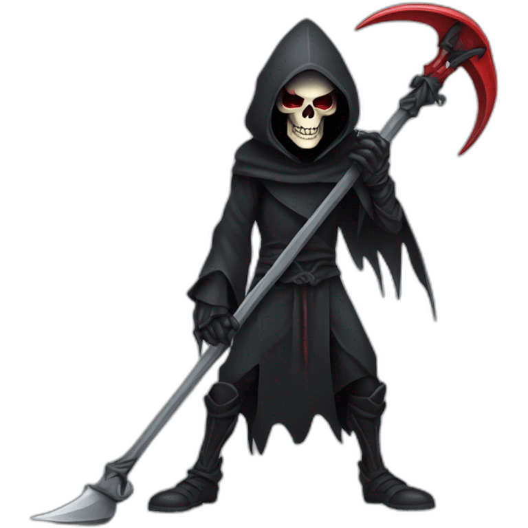 a cartoon character of Grim Reaper holding a scythe, crown, skull, hood, red eyes emoji