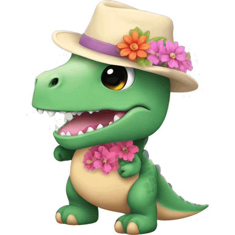 Dinosaur Pimpus with hat and flowers in hand plushy  emoji