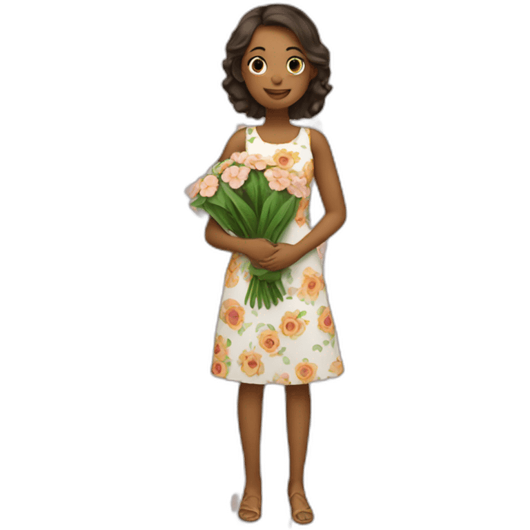 a girl wearing floral dress holding flowers emoji