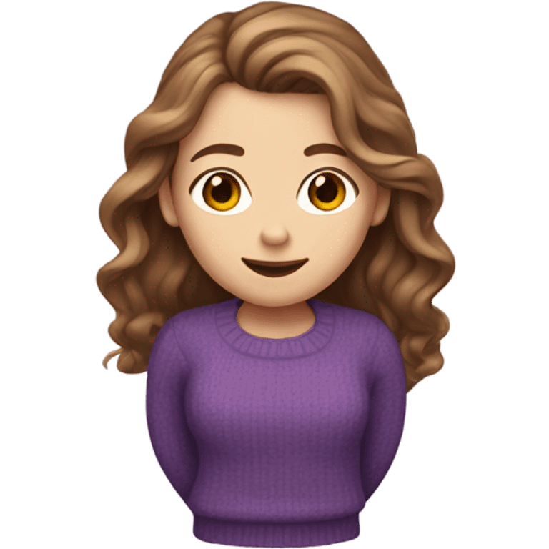 White girl with long brown wavy hair and wearing a purple sweater  emoji