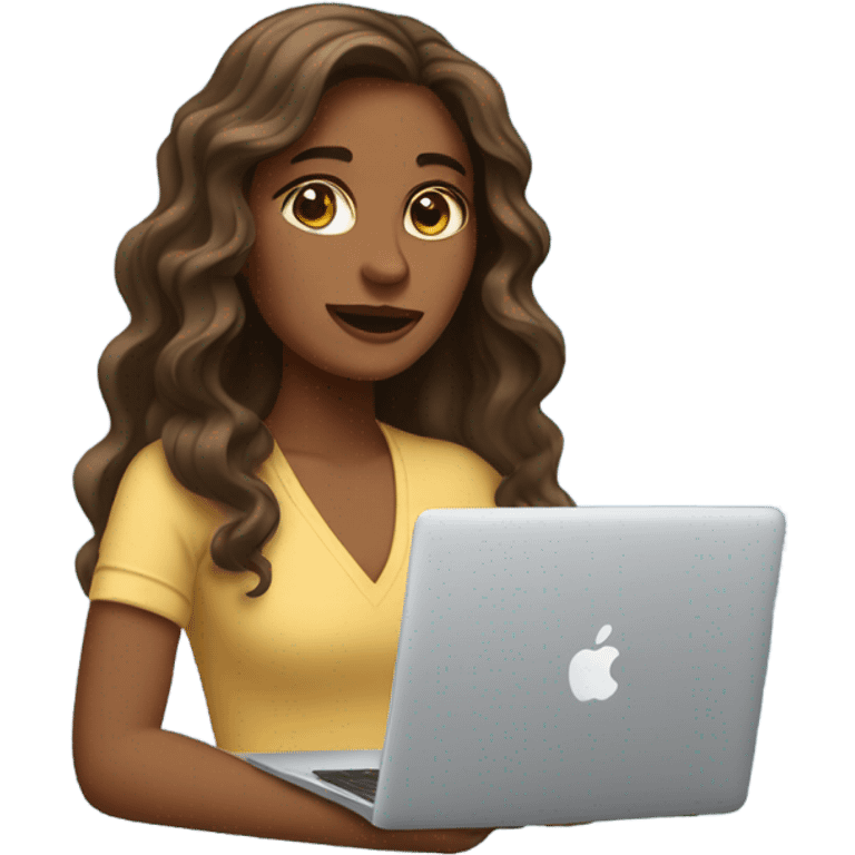 a woman with long wavy hair and brown eyes with macbook emoji