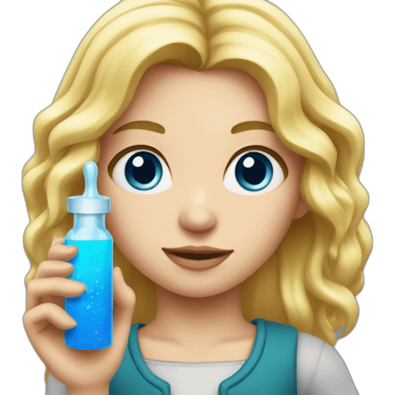 Girl with blond hair and blue eye take red vial emoji