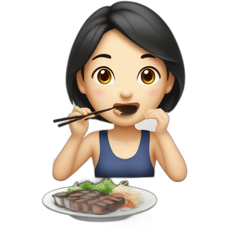 An Asian girl eating Korean bbq and soju emoji