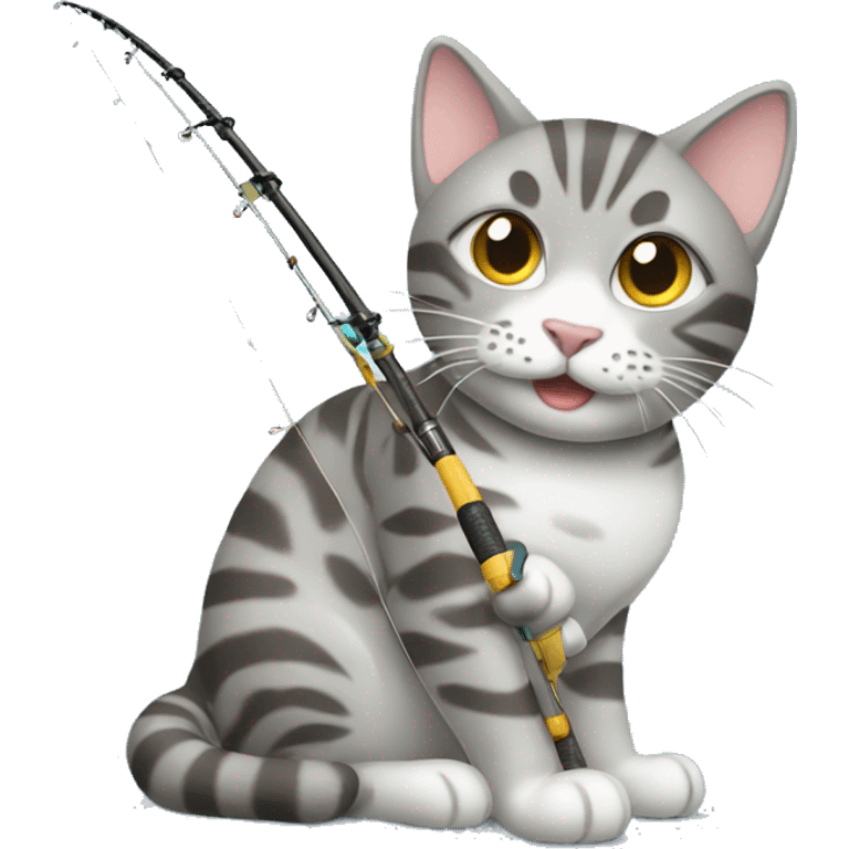 Gray Tabby cat playing with fishing pole  emoji