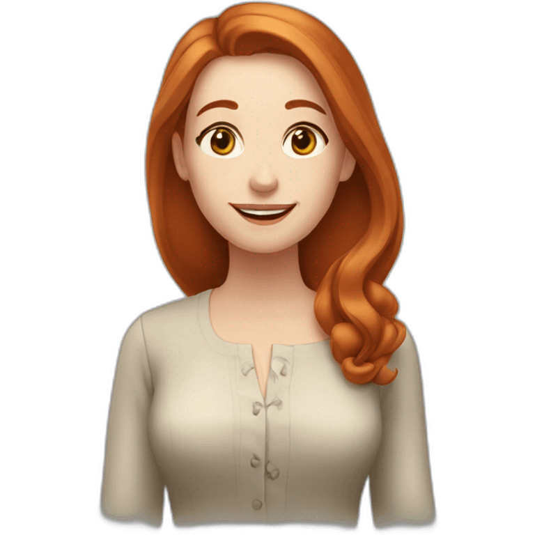 redhead white woman with medium long straight hair, greetting, wearing romantic blouse emoji