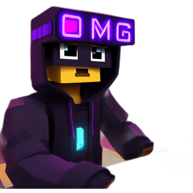 Minecraft hero wearing a black hoodie with "OMG" letters on it and VR headset in a cyberpunk VR environment with violet neon lighting. emoji