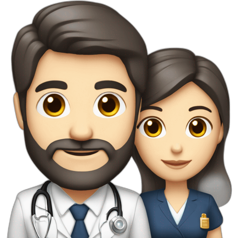 husband classy caucasian executive 55 dark hair trimmed beard wearing business suit holding bible, with wife asian age 55 dark hair wearing nurse uniform emoji