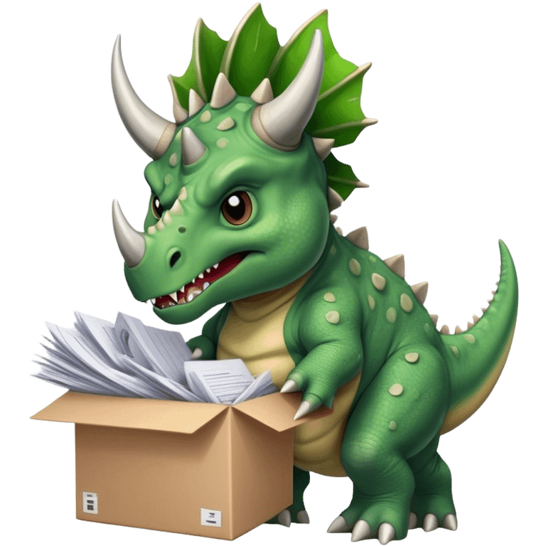 angry office triceratops holding a huge boxe bursting with a lot of documents and papers emoji