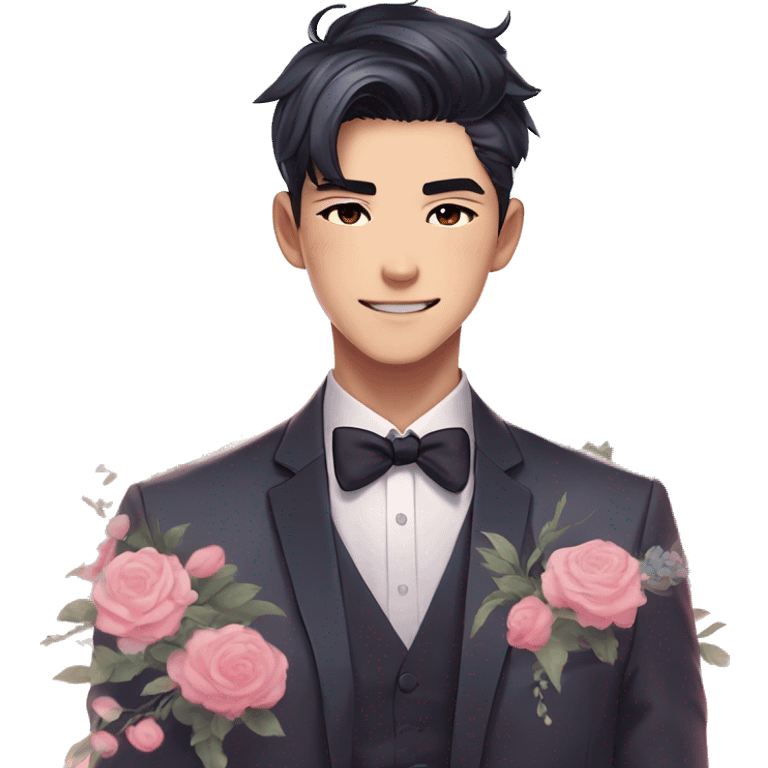 Gorgeous romantic anime style Asian formal modern gentlemanly guy with cat ears and flowers and blushing face aesthetic trending style outside with colorful gradient colors emoji