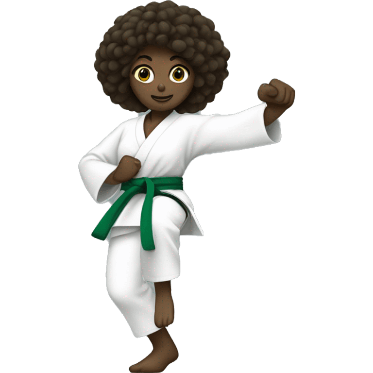 dark skin girl with a karate green belt and one leg kickin high emoji