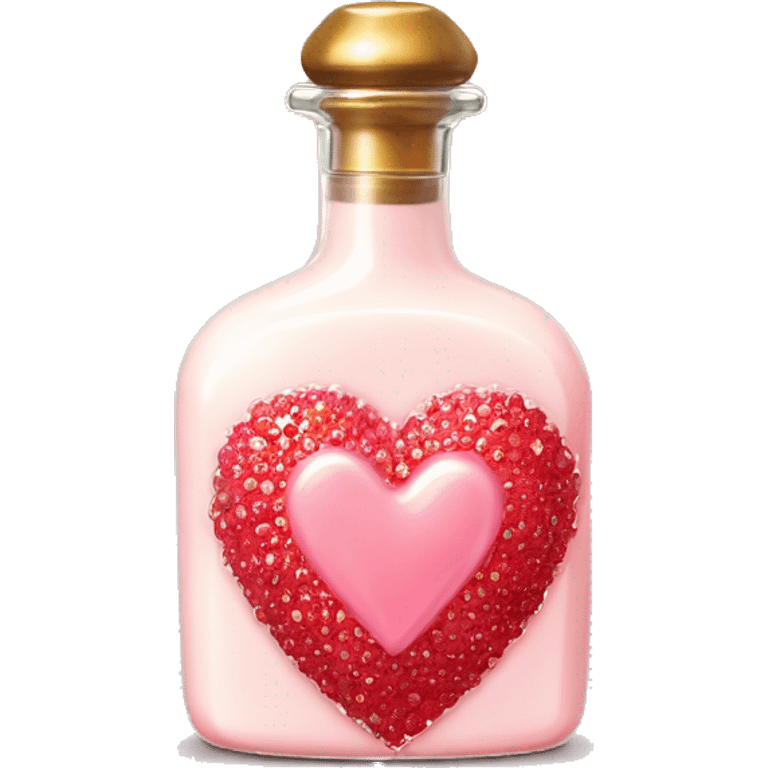 Antique heart-shaped parfumerie bottle with butter, made of red crystals, white cream and pink strawberry milk pour from the bottle emoji