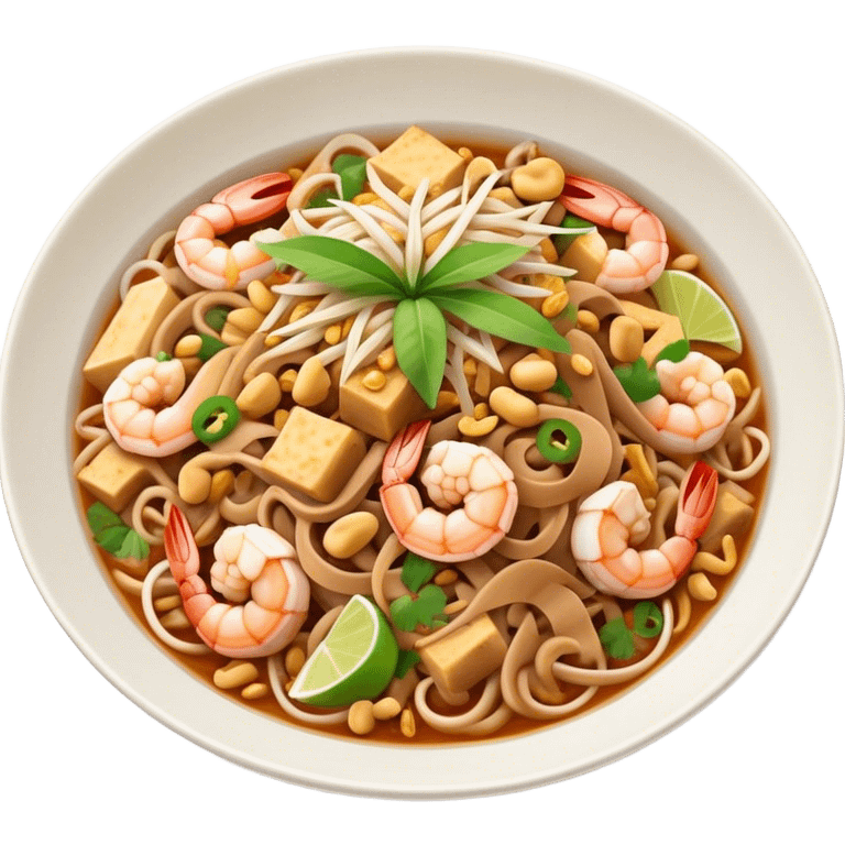 Cinematic Realistic Pad Thai Dish Emoji, depicted as stir-fried rice noodles with shrimp, tofu, peanuts, and bean sprouts rendered with vibrant textures and dynamic, appetizing lighting. emoji