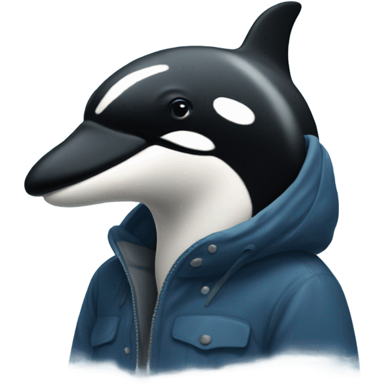 Orca in cold weather clothing with snow around it  emoji