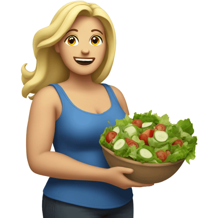 overweight blondie woman exciting with a salad emoji