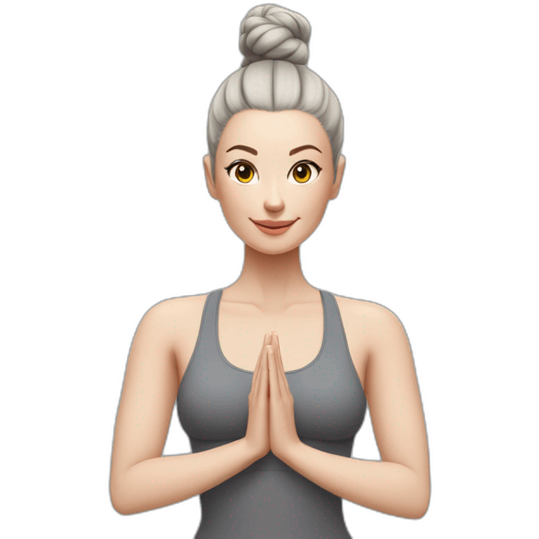 Pale skinned fit woman In a gray tight yoga suit and wristbands With black hair in a bun doing yoga emoji