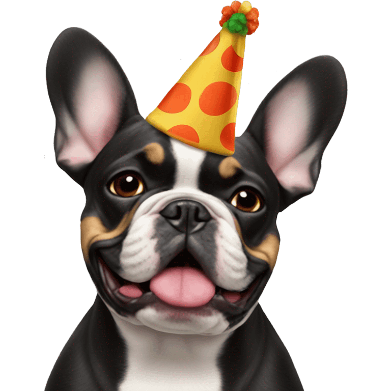 Black-and-tan French bulldog wearing a clown hat emoji