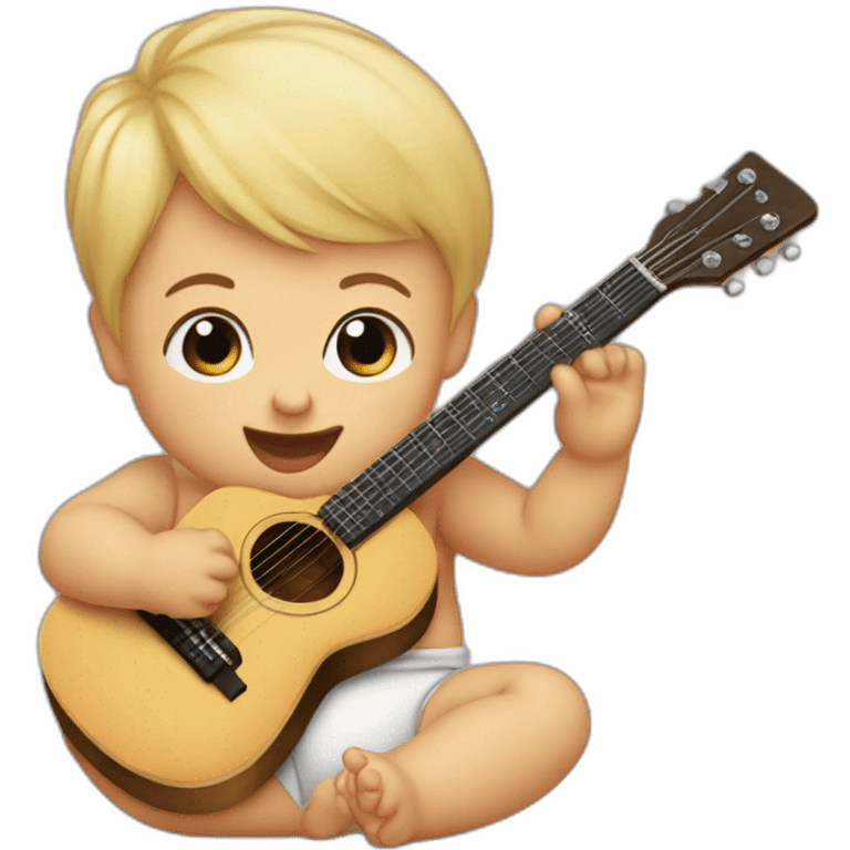 a 1-year-old baby, blond and with little hair, in diapers, playing a mini guitar emoji