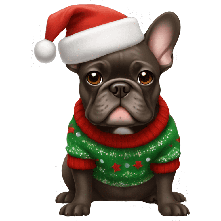 dark brown french bulldog wearing christmas hat and sweater emoji