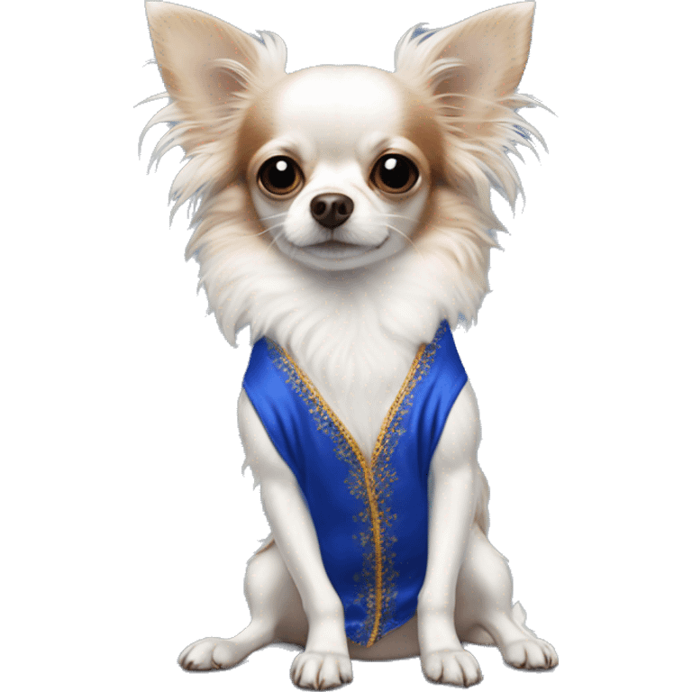 Long-haired white Chihuahua with reddish brown markings wearing royal blue silk pajamas emoji