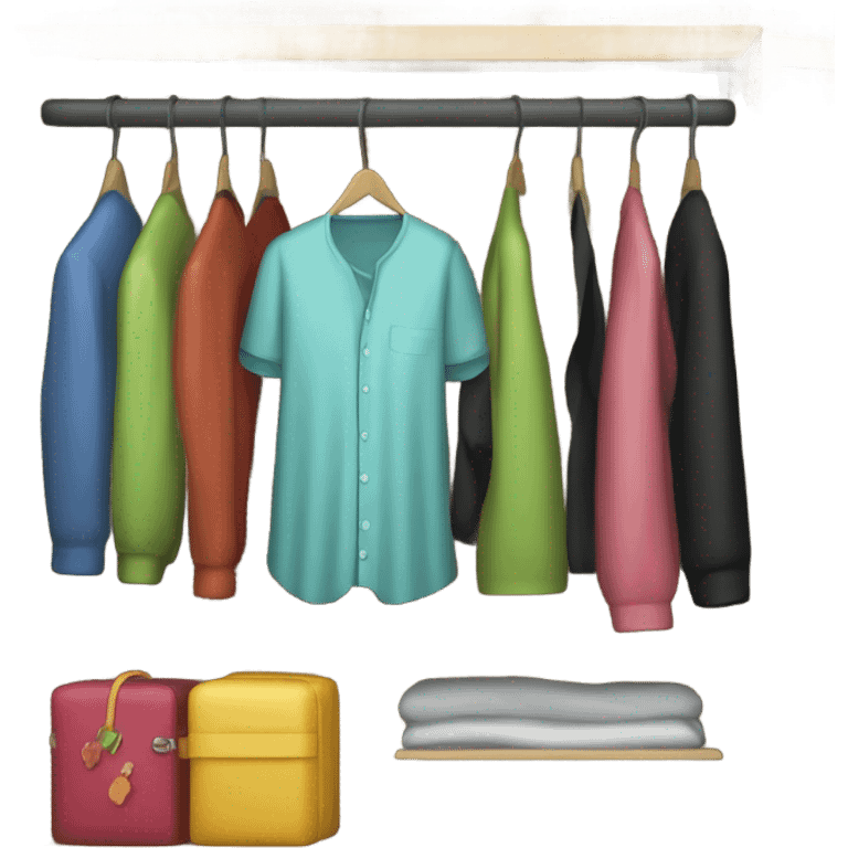 Design an emoji-style icon of an open wardrobe with clothes hanging inside. Include details like a wooden frame, hangers, and only black or white different clothing items such as shirts or any other clothing . Use a clean and minimalistic design. emoji