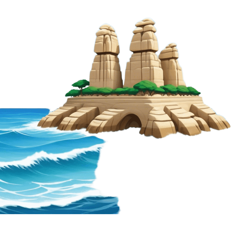 Cinematic Realistic Raouche Rocks, Beirut Landmark Emoji, depicting the majestic limestone rock formations rising from the Mediterranean Sea, with waves crashing against their bases under a vibrant sky. emoji