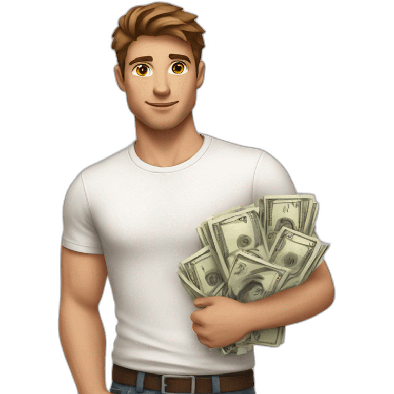 A young fit man with a white shirt with forward Brown hair and beige skin and with money in his hand emoji