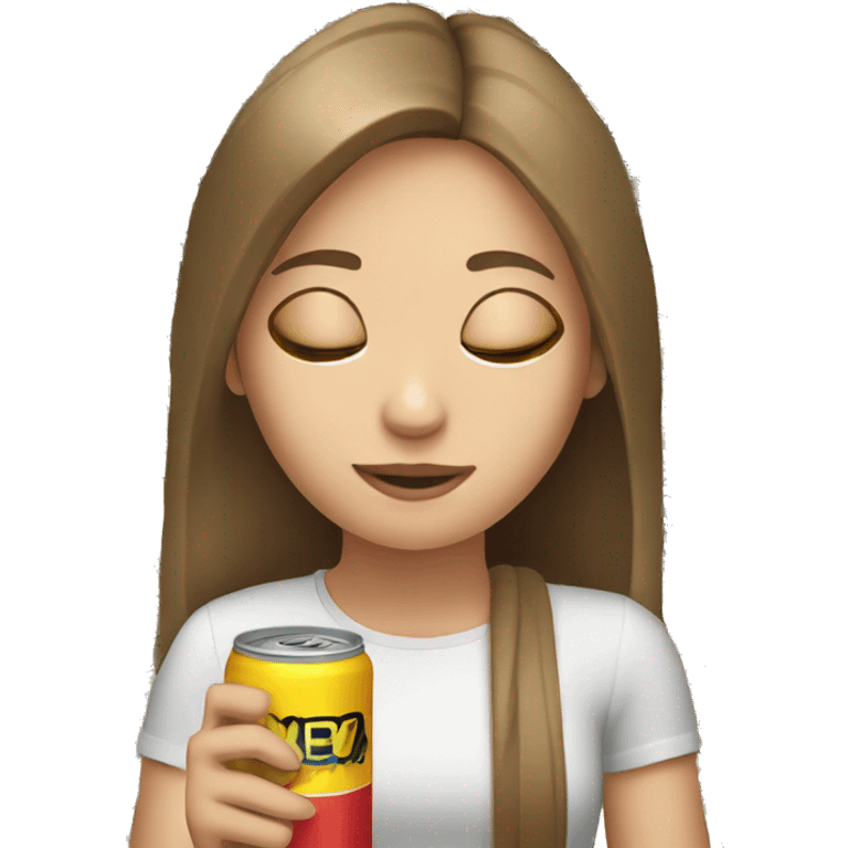 White, brown haired Girl with an energy drink in her hand and closed eyes emoji