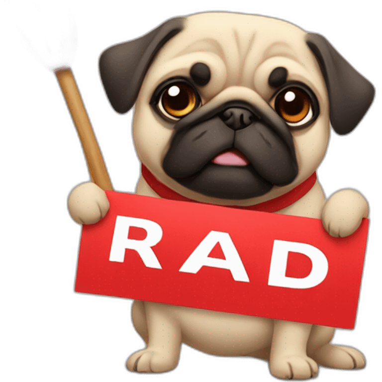 anime pug holding a sign that reads "RAID" in bright red font emoji