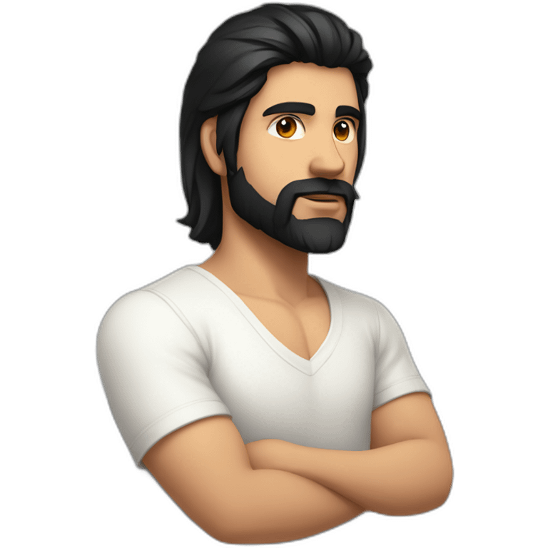 white skin indian in plain white shirt with sleeve up and cool medium length black hair and light beard profile image emoji