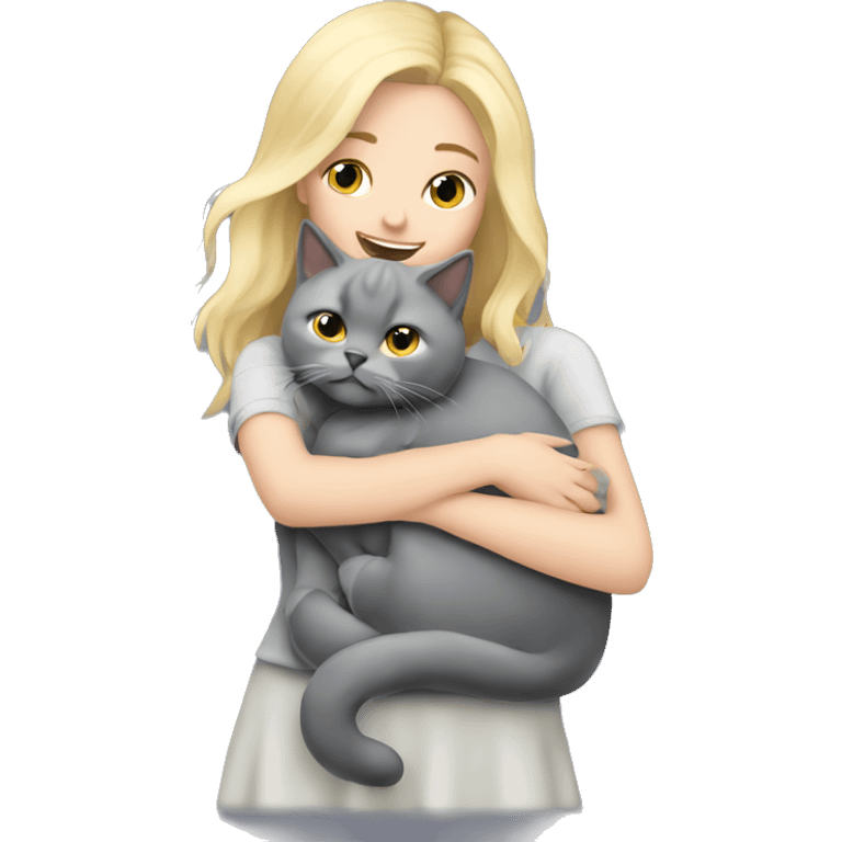 Blonde girl hugging her grey British cat emoji