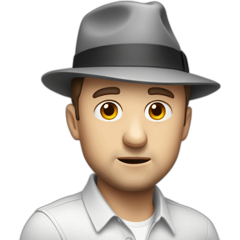 tim robinson wearing a grey fedora white shirt only looking scared and sad side view emoji