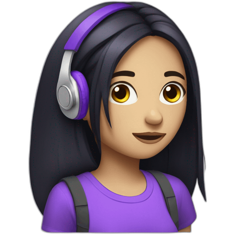 a depressive girl with purple headphones and straight black hair she will have a purple backpack the hair will be parted in the middle and long and the t-shirt will have a text emoji