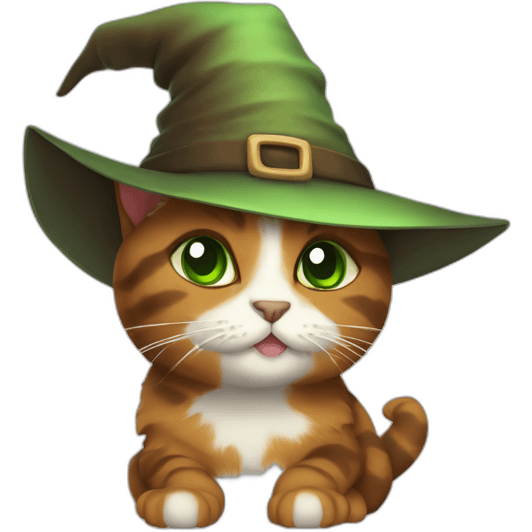 brown calico cat with brown face and green eyes with witch hat on emoji