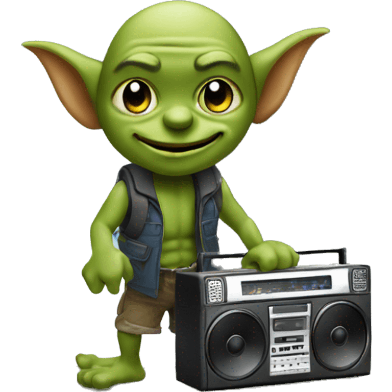 Goblin carrying a boombox near a waterfall  emoji