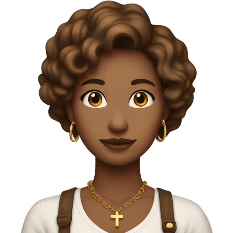 a slightly tan woman with brown slightly wavy hair, beautiful, wearing small gold hoop earrings and a small gold cross necklace, wearing a cute white square neck shirt emoji