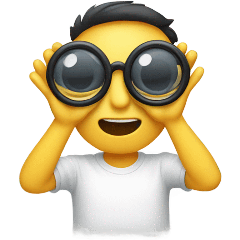 An emoji face making a 'glasses' gesture by forming circles with both hands and placing them around the eyes, resembling binoculars or playful glasses emoji