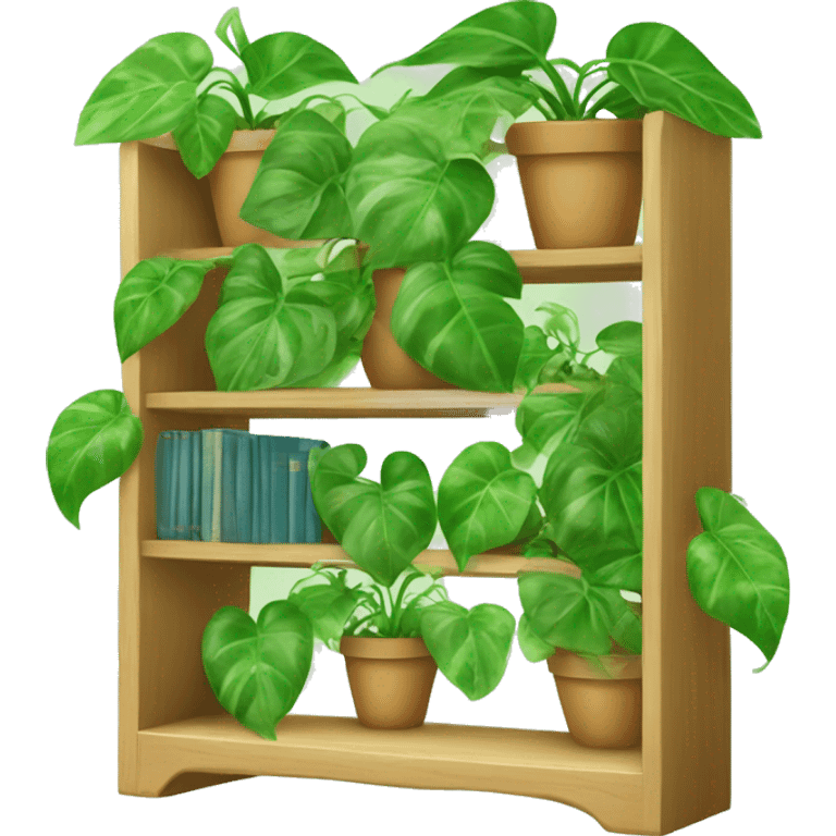 A cute bookshelf with a pothos plants that has heaps of vines of leaves hanging down halfway down the shelf emoji