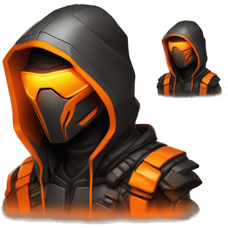  developer behind his laptop with this style : crysis Cyberpunk Valorant orange glowing bright orange character orange black hooded assassin themed character emoji