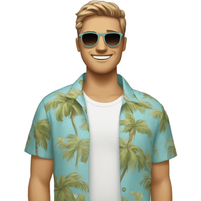 Smiling man, lightly tan white skin, black eyebrows, oblong face shape, light brown messy bowl haircut, wayfarer sunglasses, light blue hawaiian shirt with white palm tree pattern emoji