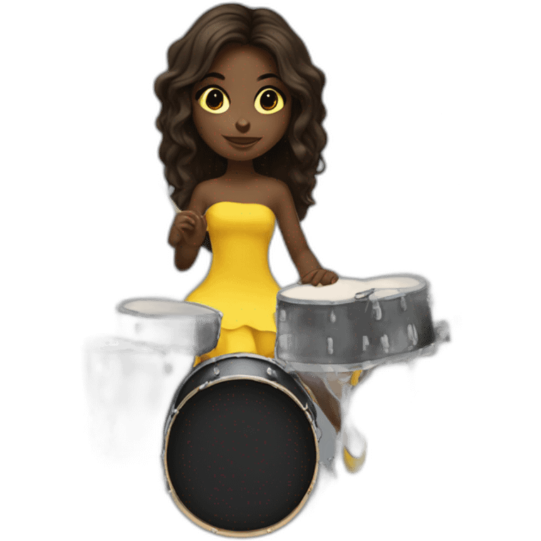 cute girl in yellow dress dark skin with yellow eyes and dark curvy hairs plays on drums emoji