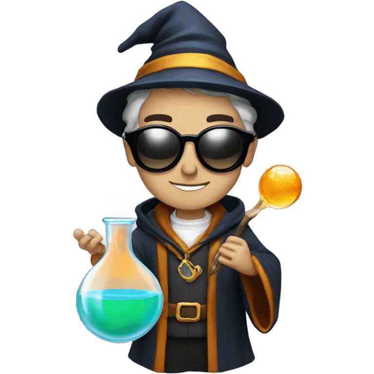 Young male wizard mixing potions and wearing sunglasses emoji