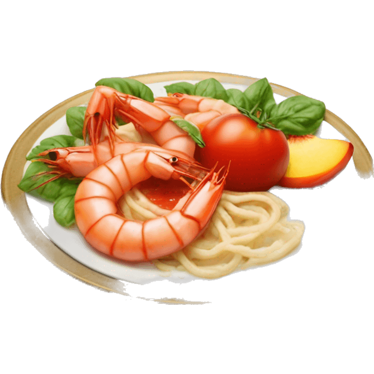 plate with tomato coulis; shrimps and peaches on top; in a plate emoji