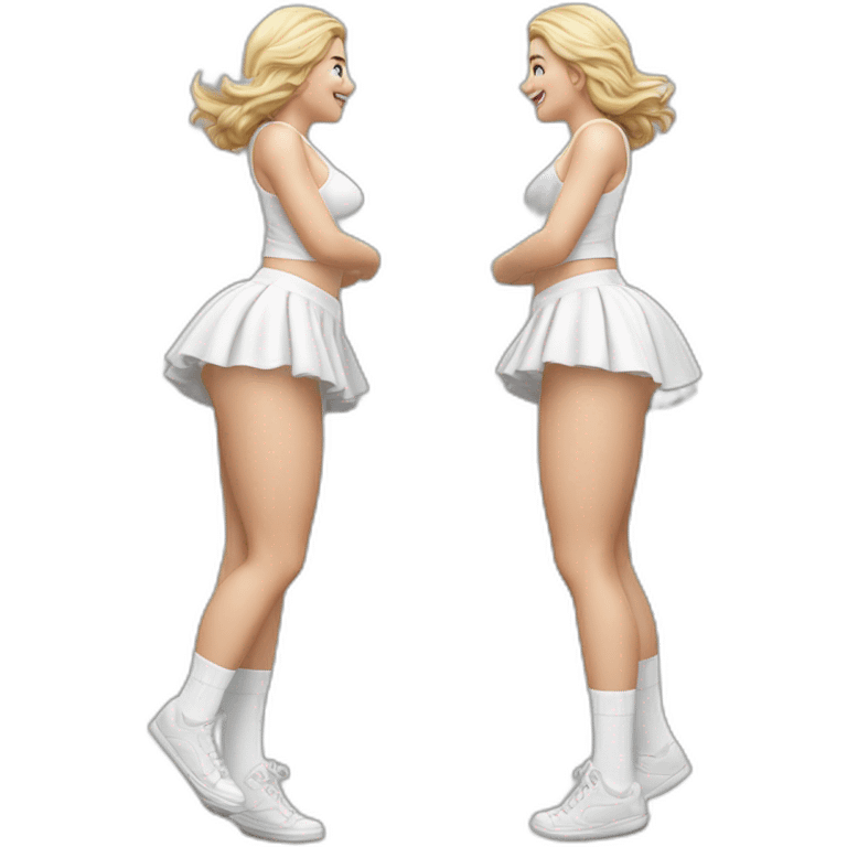 hyperrealistic-full-body-caucasian-curvy-beauty-jumping-small white-skirt-back-and-front-views-strong-wind-white knickers white socks emoji