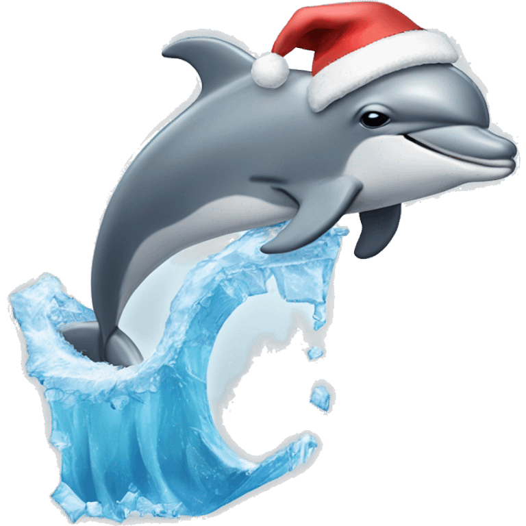 A dolphin wearing a santa hat diving into a wave made out of ice  emoji