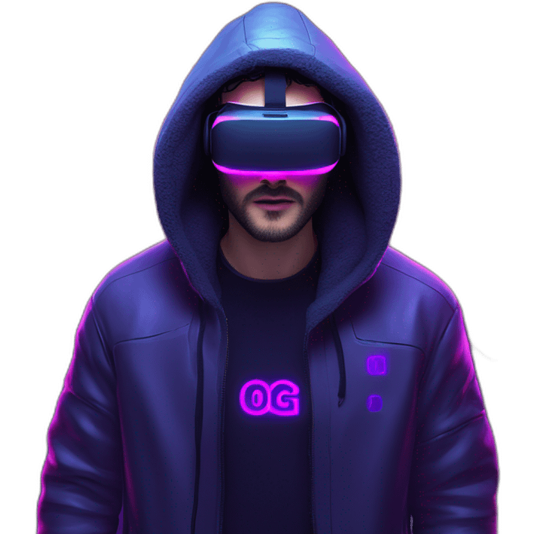 John Snow wearing a black hoodie with "OMG" letters on it and VR headset in a cyberpunk VR environment with violet neon lighting. emoji