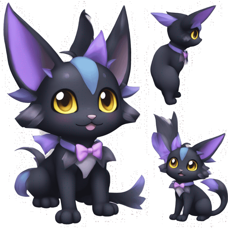 Shiny Cool Edgy pastel Black beautiful ethereal fantasy Kawaii Sona Umbreon-Noibat-Litten-Fakemon-cat-animal with edgy bat-ears bow tie black mane vtuber model Full Body emoji