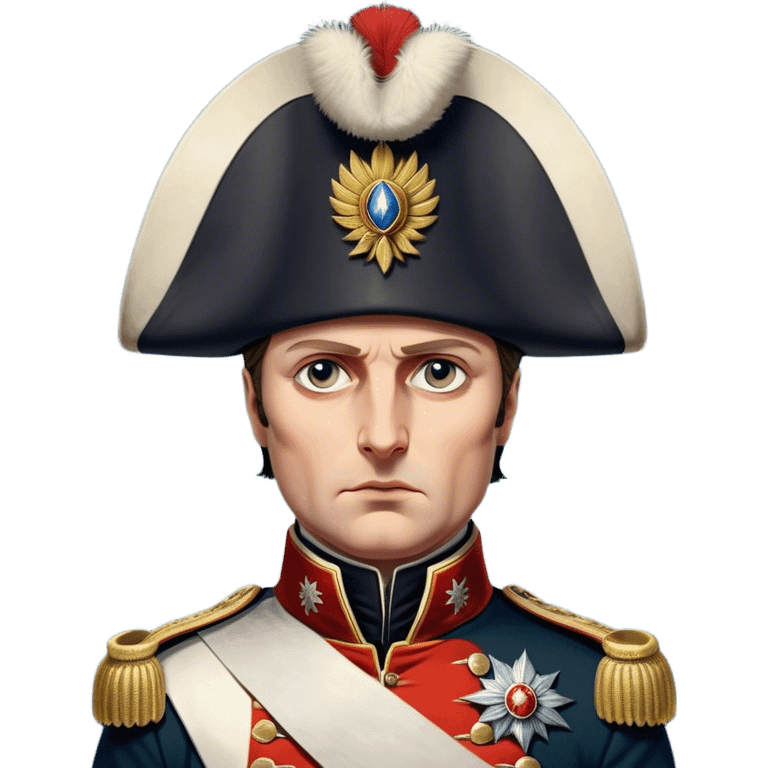 Cinematic Realistic Napoleon Bonaparte Portrait Emoji, depicted as a commanding military leader with a determined gaze and iconic bicorne hat, rendered with dramatic textures and bold historical lighting that captures his imperial legacy. emoji