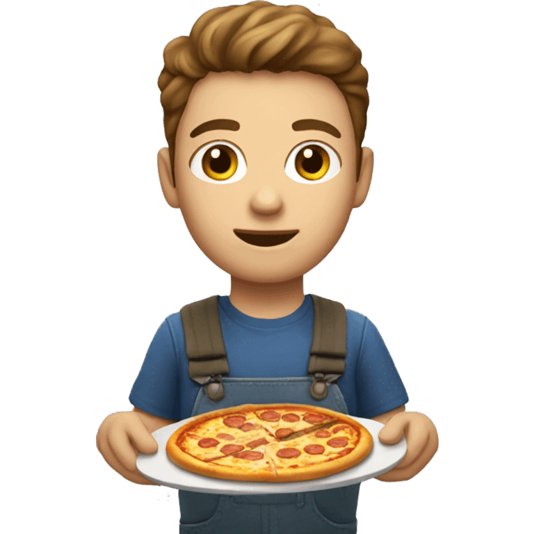 Young white farmer with brown hair and brown eyes eating pizza and fries emoji