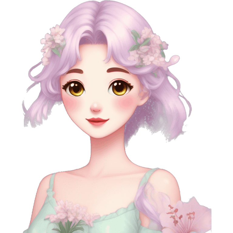 Gorgeous pastel anime style lady with blushing face and lilies cottagecore fairycore pastelcore colorful pearly romantic simplistic aesthetic trending style emoji