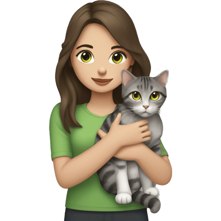 Brunette girl with green eyes holds a British cat in her arms, gray tabby with brown eyes emoji